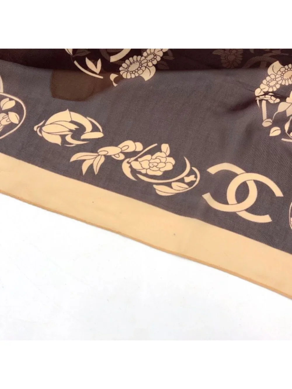 Chanel CC Logo Flower Motif Silk Brown Beige Scarf